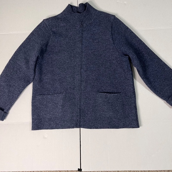Eileen Fisher womens sz M zip front, 100% wool cardigan, blue/gray, Like New - Picture 2 of 11